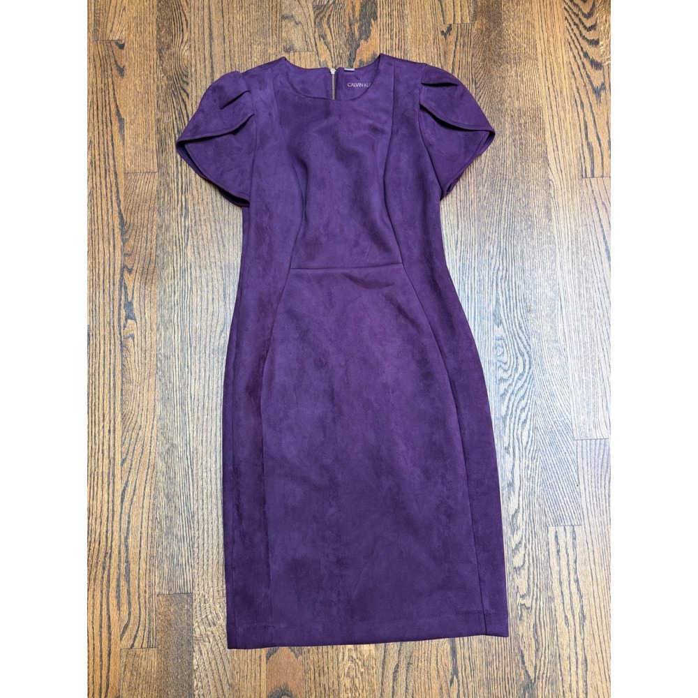 Calvin Klein Sheath Dress 4 Purple Faux Suede Tulip Sleeve Minimalist Academia
